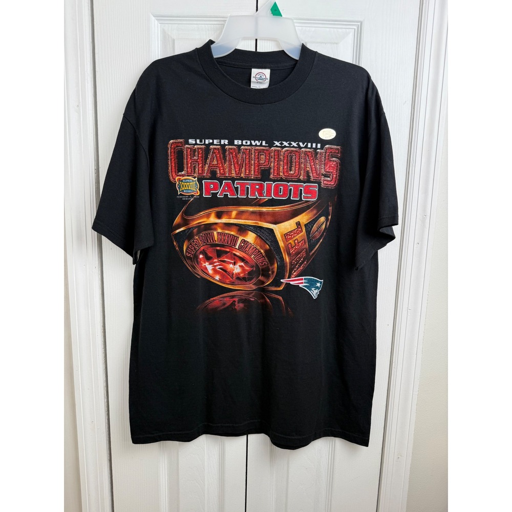 New England Patriots Super‎ Bowl XXXVIII Champions T Shirt Black Large NFL New